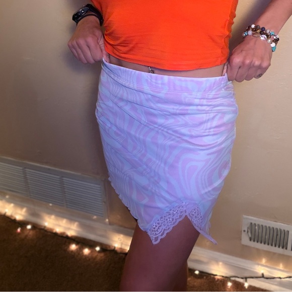 Forever 21 Dresses & Skirts - Forever 21 Lavender Swirl Mini Skirt with Lace Accent and Slit